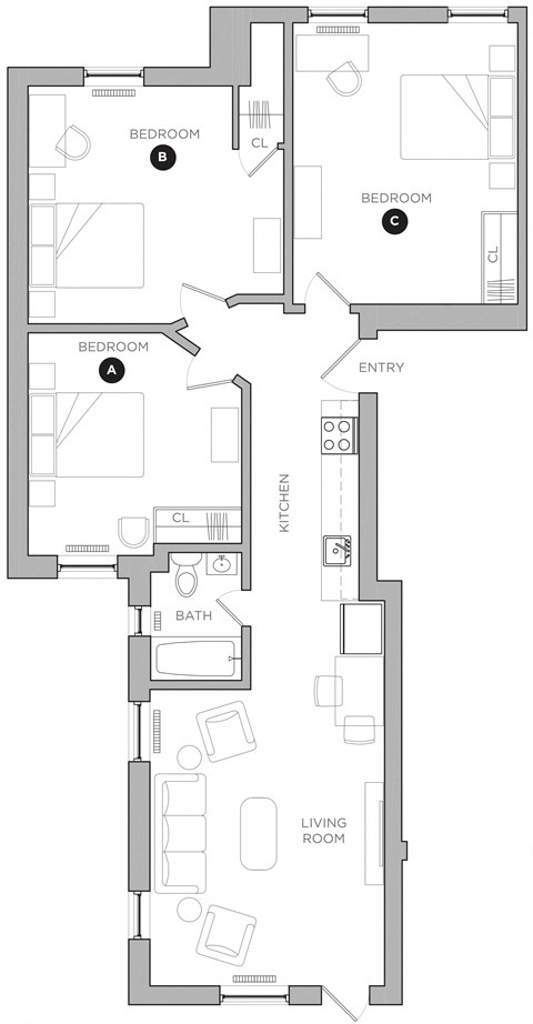 Floor plan for 3 beds, 1 bath, 437 sqft